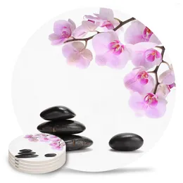 Table Mats Orchid Black Stone Pink Flower White Round Coffee Kitchen Accessories Absorbent Ceramic Coasters