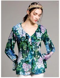 Women's Blouses Customize Made Women Long Sleeve Tops And Summer 2024 Runway Floral Print Green Shirt Plus Size XXXL