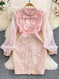 Casual Dresses 2024 Autumn And Winter Women's Fashion Mesh Long Sleeve Splice Tweed Dress Elegant Nail Bead Bow Tie Sequined Woman Mini