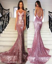 2019 Rose Pink Sequins Prom Dress Spaghetti Strap Long Special Occasion Dress Evening Party Gown Plus Size vestidos de festa9179876