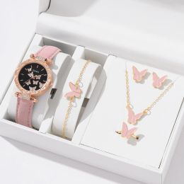 6pcs Luxury Watch Women Ring Necklace Earrings Bracelet Set Watches Butterfly Leather Strap Ladies Quartz WristWatch No Box