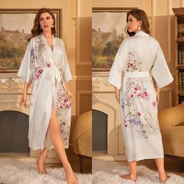 Home Clothing Plus Size Pajamas Satin Nightgowns Luxury Ice Silk Floral Print Robe Bathrobe Homewear For Women