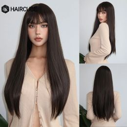Wigs HAIRCUBE Long Brown Wigs for Black Women Straight Softy Hair with Bangs High Temperature Fibre Fashion Natural Christmas Party