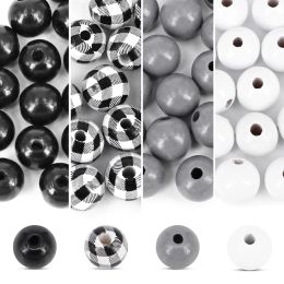 20Pcs Printed Wooden Beads Black White Plaid Wood Balls Beads for Jewelry Making Finding Handmade Bracelet DIY Crafts