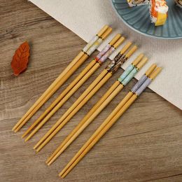 5 Pairs Marbling Anti-skid Bamboo Chopsticks Mildew Proof Sushi Noodles Chinese Food Tableware Cooking Stick Kitchen Tools 24cm