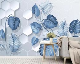 Wallpapers Customised Wallpaper 3d Three-dimensional Relief Nordic Hand-painted Light Blue Small Fresh Tropical Plant Leaf Mural