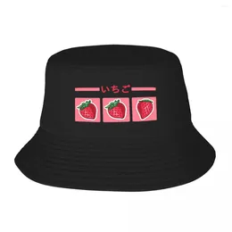 Berets Pink Background With The "Strawberry" Japanese Kanji Bucket Hats Panama For Man Woman Bob Fisherman Beach Fishing Caps