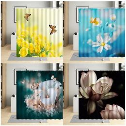 Shower Curtains Nature Butterfly Flowers Yellow Pink Rose Tulip Lotus Print Bath Curtain Spring Floral Bathroom Decor With Hooks