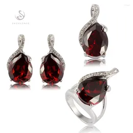 Necklace Earrings Set Fleure Esme Luxury Charms Women Wedding Shinning (ring/earring/pendant) Red Cubic Zirconia Rhodium Plated