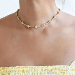 Pendant Necklaces New Fashion Geometric Star Northstar CZ Bar Tennis Link Chain Choker Necklaces For Women Geometric Charm Delicate Christmas Gift Q240402