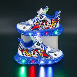 2024 Spring Autumn New Mesh Waterproof Shoes with Lights, Small and Medium Sized Boys' Running Shoes, Rotating Button Sports