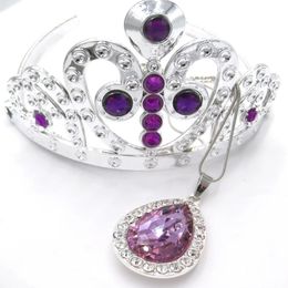 Kids Girls Princess Sofi The First Purple Teardrop Amulet Chain Necklaces Tiara Crown Hair Clip Jewelry Set Gift For Child 240329