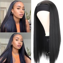 Wigs Straight Headband Wig Black/Brown/Mix Color Heat Resistant Synthetic Hair Women's Headband Wig Full Machine Made Wigs For Women