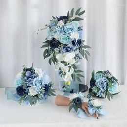 Decorative Flowers Blue Wedding Bride Hold Bouquet Bridesmaid Flower Hand Wrist Floral Bridegroom Corsage Satin Ribbon Party Marriage