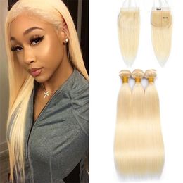 Malaysian 100% Human Hair Blonde Colour 3 Bundles With 5*5 Lace Closure Baby Hairs 613# Straight 4 Pcs/lot Yirubeauty