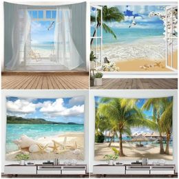 Tapestries Nature Beach Seagull Seashell Starfish Flowers Palm Tree Wall Hanging Home Living Room Bear Decoration Mural