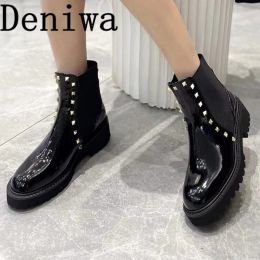 Boots New Arrive Women Short Motorcycle Boots Round Toe Patent Leather Slip On Ladies Ankle Short Flat With Autumn Winter Boots Female