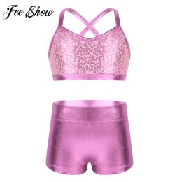 Wear Children Kids Girls Shiny Sequins Tank Crop Top with Bottoms Set for Swimwear Gymnastics Leotard Dancing Exercise Workout Outfit