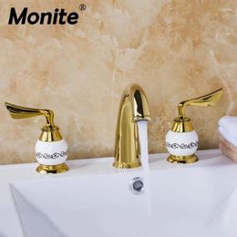 Bathroom Sink Faucets Monite Bathtub Golden Plated Faucet European Split Basin Mixer Tap Ceramic Body Leaves Handles