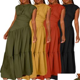 Urban Sexy Dresses Style Women Sleeveless Pleated Dress Summer Fashion Solid Colour Slim Waist Ruffles Bottom A Line Casual Maxi Drop D Otjpv