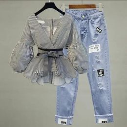 Womens Simple Style Bow Polyester Denim Knot Pants Sets Pants Sets Slim Striped Sleeve Chiffon Shirt Jeans 2-Piece Suit 240326