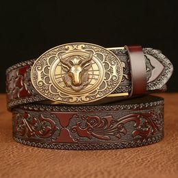 High-quality Men Belt Genuine Leather Sheep Head Retro Automatic Buckle Classic Fashion Personalized Carved Casual Jeans Belt 240320