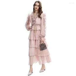 Casual Dresses 2024 Fashion Designer Autumn Winter Women Lantern Sleeve Belted Striped Pink Elegant Holiday Party Cake