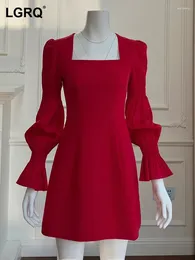 Casual Dresses Women's Dress Solid Minimalist Fashion Square Collar High Waist Long Sleeve Elegant Female Summer 2024 3WM784
