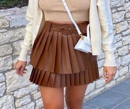 Skirts Ardm Office Ladies High Waist With Belt PU Brown Mini Women 2022 Cascade Pleated Leather Skirt9031188