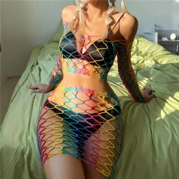 Wear AVV High Elastic Rainbow Fishnet Summer 2 Piecese Bathing Cover Up Suit Off Shoulder Crop Top+Skirts Sexy Transparent Swimwear