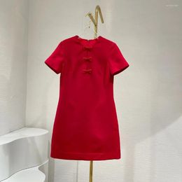 Party Dresses Summer High Quality Short Sleeve Diamonds Bow Red Black Straight Silk Wool Mini Dress