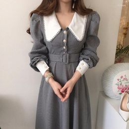 Casual Dresses Women Dress 2024 Autumn French Elegant Temperament Lapel Lace Check Chic Single-Breasted Waist Puff Sleeve Vestidos