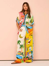 Women Holiday Casual Printed Coconut Trees Short Sleeve Shirt Blouse Top Loose Long Pants 2 Piece Set Summer Beach Outfits Suit 240321
