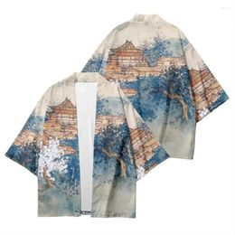 Ethnic Clothing Summer Kimono Landscape Creative 3D Printing Seven-point Shirt Robe Cardigan Loose Men's Feather Woven Delivery