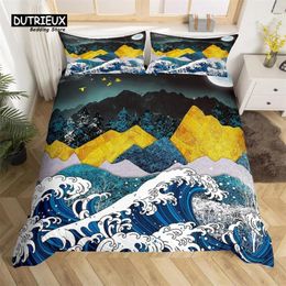 Bedding Sets Mountain Duvet Cover Microfiber Abstract Natural Landscape Quilt Japanese Wave Tree Moon Set King For Kids Adults