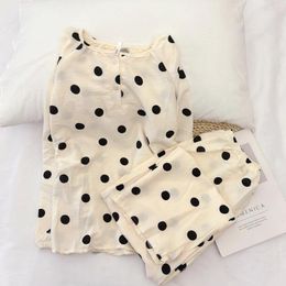 Home Clothing Black Poll Dot Pyjamas Women's Spring And Autumn Summer Long-sleeved Thin Cool Cotton Korean Style High-end Clothes