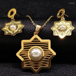 Necklace Earrings Set Geometry Stainless Steel Jewellery Women Imitation Pearl Dubai Gold Colour Conjunto De Joyas S178233S07