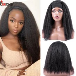 Wigs Afro Kinky Straight Headband Wigs For Black Women Synthetic Fiber Hair Wigs 16 Inch Yaki Straight Wig With Elastic Hair Band