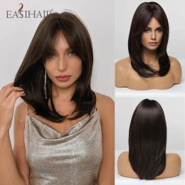 Wigs EASIHAIR Dark Brown Black Synthetic Wigs Layered Straight Natural Hairs for Women Daily Cosplay Party Heat Resistant Fibre Wigs