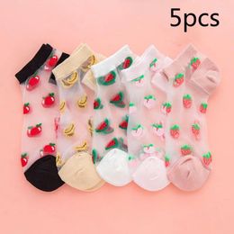 Women Socks 5 Pairs Transparent Crystal Fiber Boat Watermelon Strawberry Fruits Jacquard Summer Ultra-Thin Invisible Random