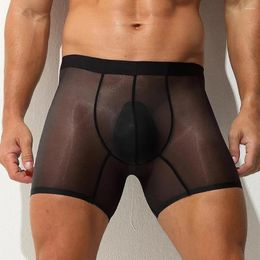 Underpants Men Ice Silk Underwear Middle Waist Shorts Panties Long Boxers Briefs Transparent Jockstrap Ultra-thin Bikini Boxer
