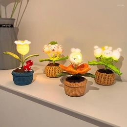 Decorative Flowers Knitting Potted Plant Glowing Artificial Flower Crochet Piggy Bell Orchid Home Wedding Decor