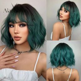 Wigs ALAN EATON Dark Green Cosplay Bangs Wigs Short Natural Wave with Black Roots Synthetic Wigs for Women Daily Use Heat Resistant