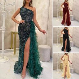 Casual Dresses Women Bronzing Sequin Dress Elegant One Shoulder Maxi With Feather Detail For Prom Party Banquet Women's Evening