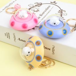 Hot selling spaceship LED lights cartoon cute teddy bear astronaut UFO keychain romantic couple bag pendant