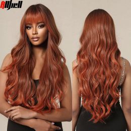 Wigs Red Brown Cosplay Hair Synthetic Wig with Bangs Long Wavy Ombre Wig for Black Women Halloween Lolita Natural Wigs Heat Resistant
