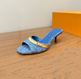 Latest Classic Made Women's Sandals and Slippers Flat Bottom Low Heel 1cm Denim Leather Fabric with Printed Genuine Leather Sole Size 35-41