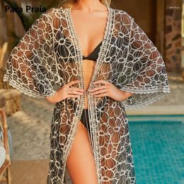 Para Praia Lace Embroidery Kimono 2024 Bikini Cover Ups Beachwear Maxi Long Dress Sarong Women Loose Cardigan Swimsuit Covers