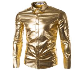 Whole Mens Trend Night Club Coated Metallic Halloween Gold Silver Button Down Shirts Party Shiny Long Sleeves Dress Shirts Fo3919840