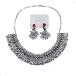 Necklace Earrings Set 2024 Fashion Vintage Silver Plated Women Retro Statement Metal Large Collar Choker Earring